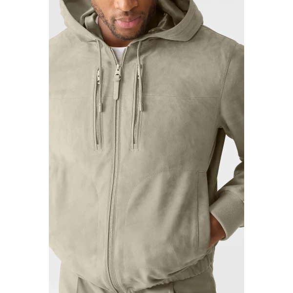 Mackage Sylas-SU Suede Hooded Jacket in Taupe