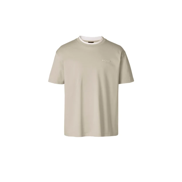 Tee-MNV Double Crewneck Collar T-Shirt in Taupe-White