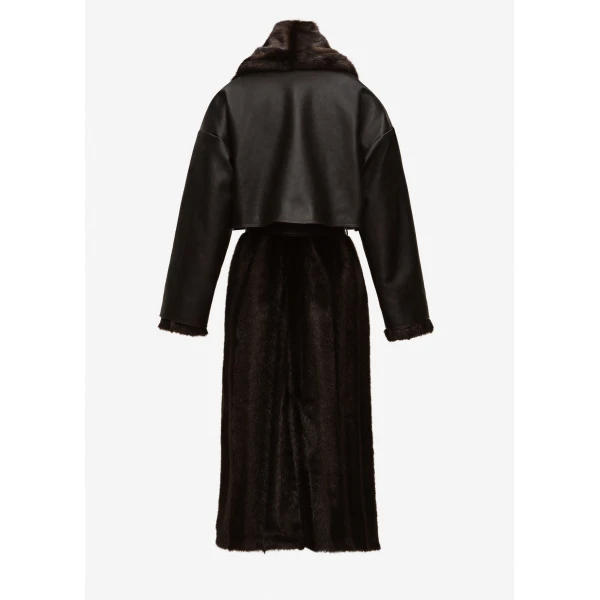 Magda Butrym Faux fur coat with leather cape in dark brown, view 2
