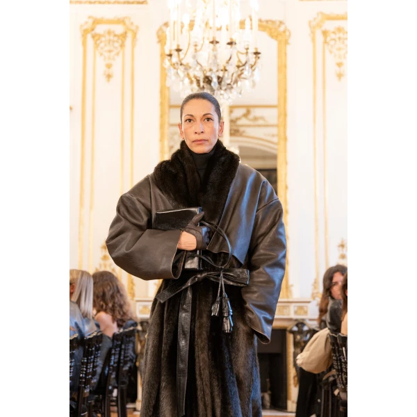 Magda Butrym Faux fur coat with leather cape in dark brown, view 4
