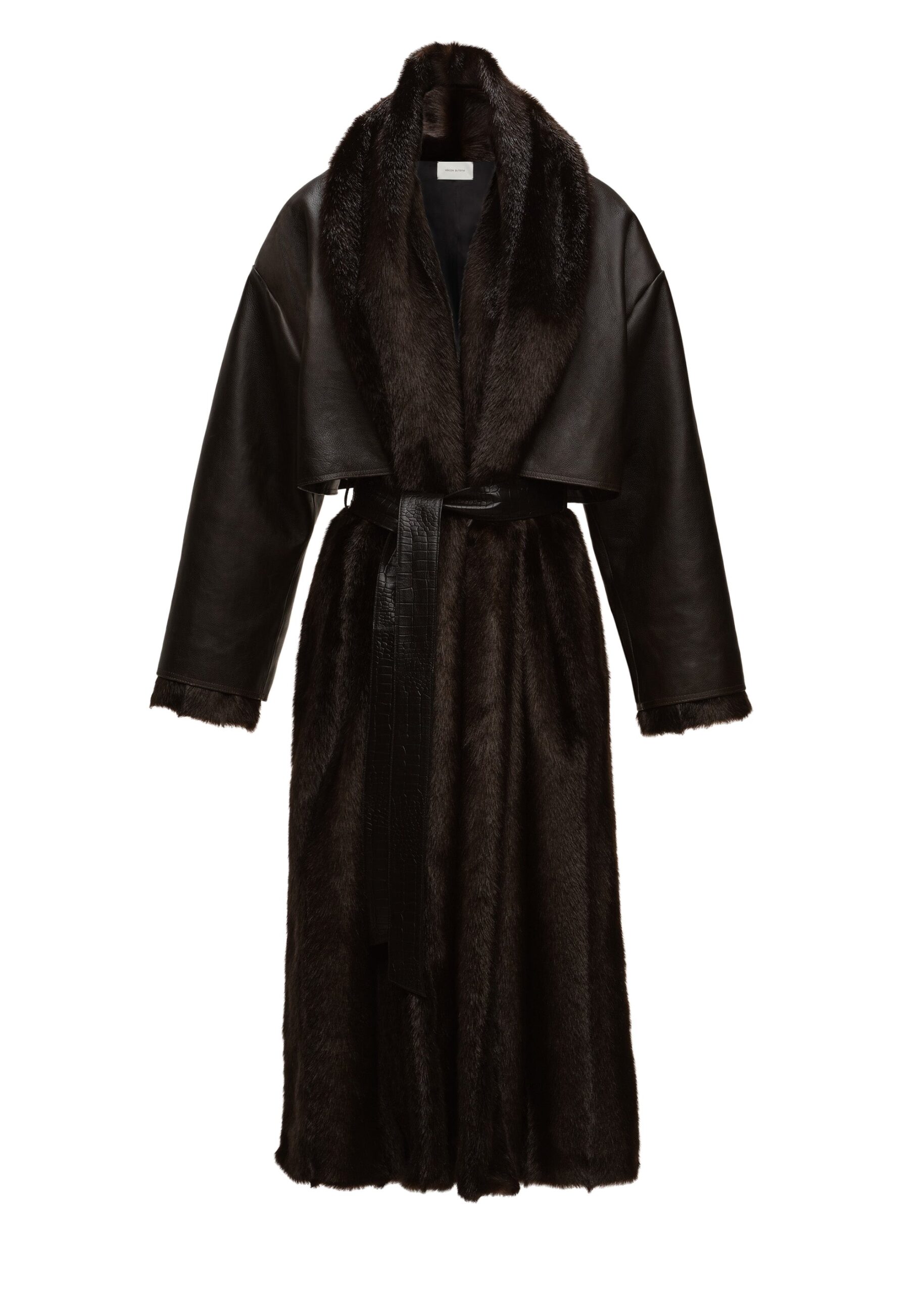 Magda Butrym Faux fur coat with leather cape in dark brown | Coats | Luxury Shoes Magda Butrym Faux fur coat with leather cape in dark brown