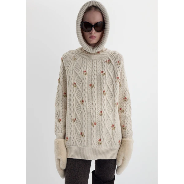 Magda Butrym Floral cable knit balaclava in cream, view 4