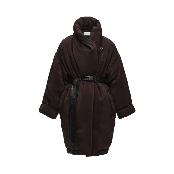 Insulated coat with leather belt in brown