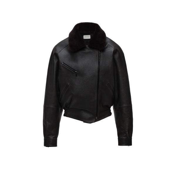 Magda Butrym Leather jacket with fur collar in dark brown