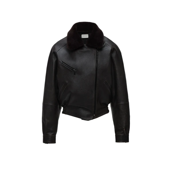 Leather jacket with fur collar in dark brown