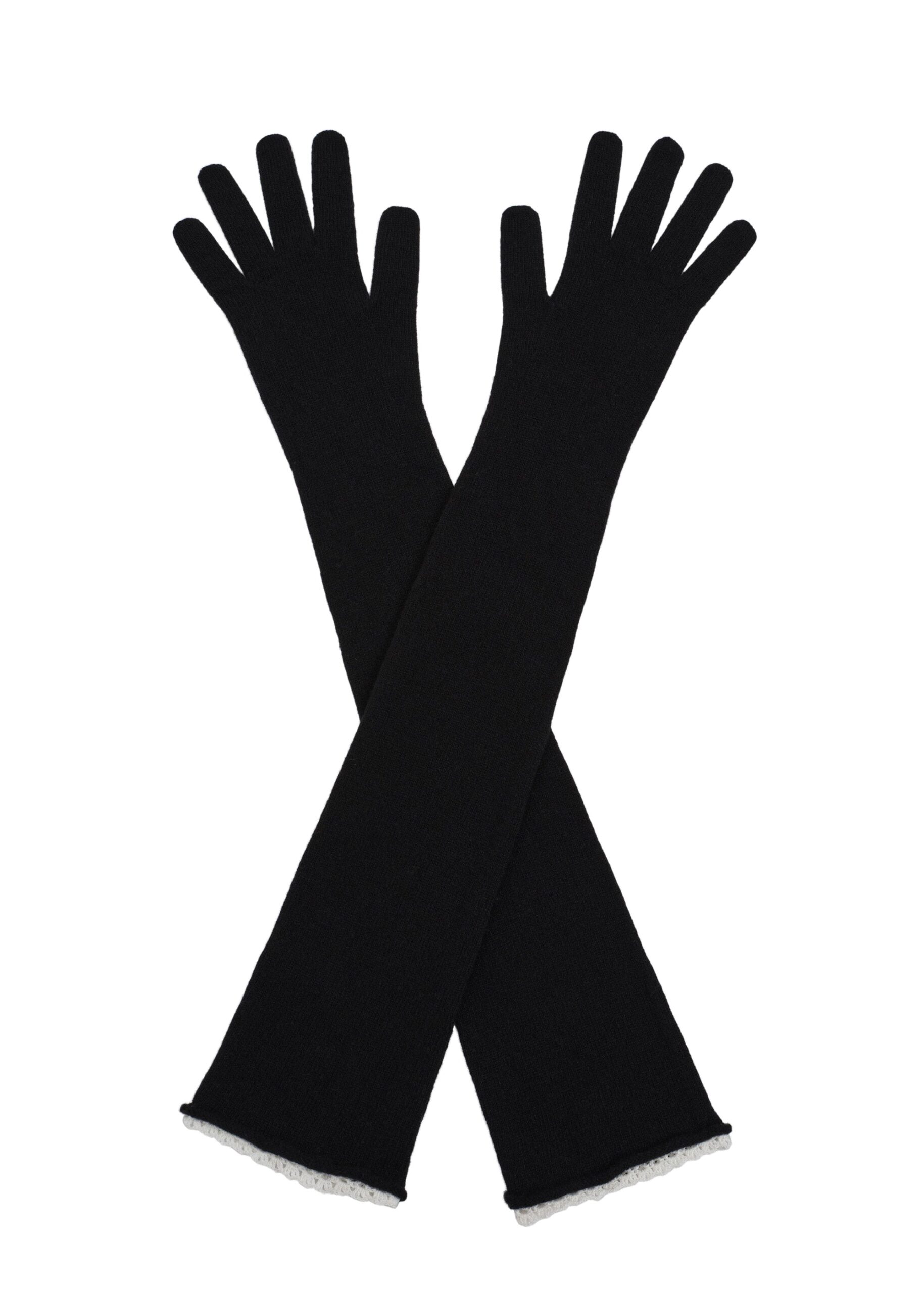 Magda Butrym Long cashmere crochet-trim gloves in black | Accessories | Luxury Shoes Magda Butrym Long cashmere crochet-trim gloves in black