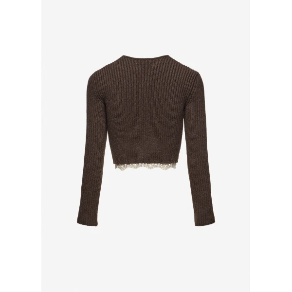 Magda Butrym Long-sleeve crochet-trim cropped cardigan in brown, view 2