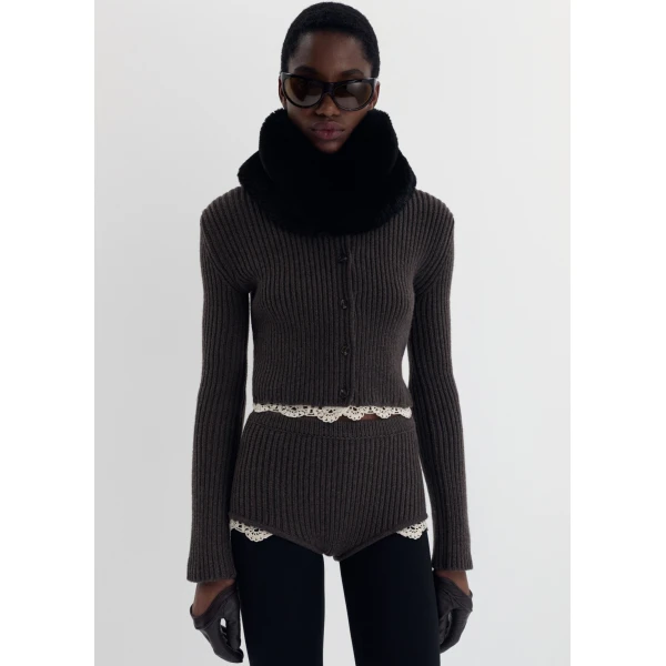 Magda Butrym Long-sleeve crochet-trim cropped cardigan in brown, view 3