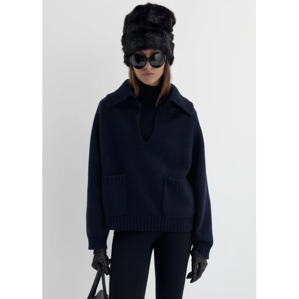 Magda Butrym Relaxed wide collar knit sweater in navy, view 3