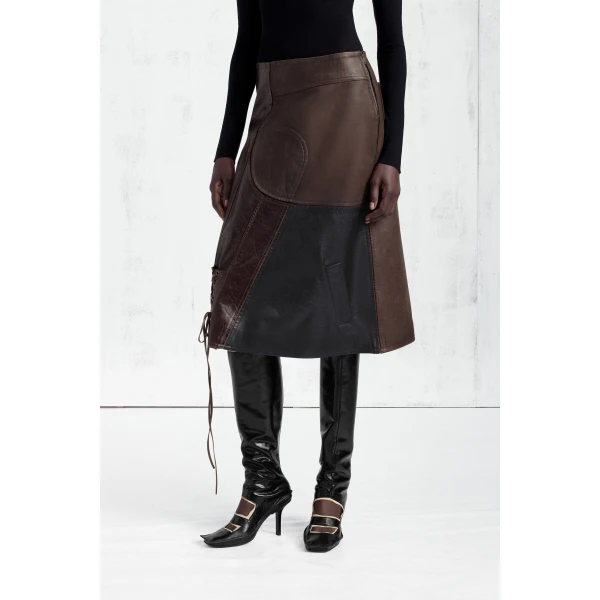 Maison Margiela Assemblage Calf Leather Midi Skirt in Brown | Leather Skirts | Luxury Shoes 