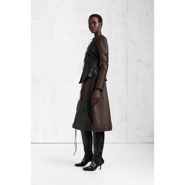 Maison Margiela Assemblage Calf Leather Midi Skirt in Brown | Leather Skirts | Luxury Shoes 