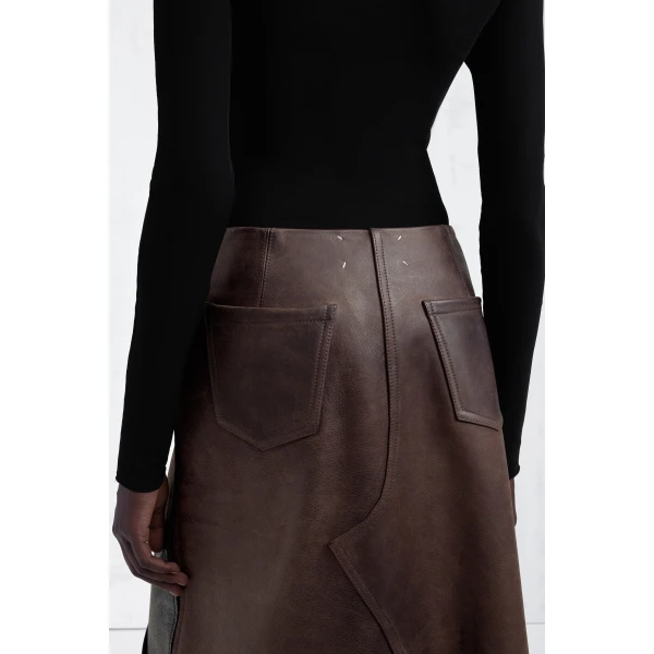 Maison Margiela Assemblage Calf Leather Midi Skirt in Brown | Leather Skirts | Luxury Shoes 