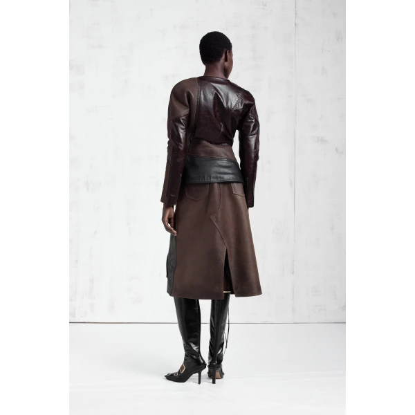 Maison Margiela Assemblage Calf Leather Midi Skirt in Brown | Leather Skirts | Luxury Shoes 