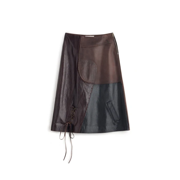 Assemblage Calf Leather Midi Skirt in Brown