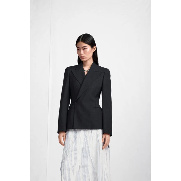 Maison Margiela Belted Peak-Lapel Wool Blazer in Dark Grey | Blazers | Luxury Shoes 