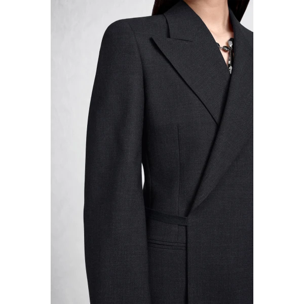 Maison Margiela Belted Peak-Lapel Wool Blazer in Dark Grey | Blazers | Luxury Shoes 