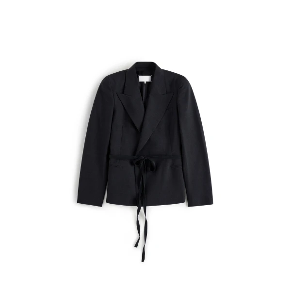 Belted Peak-Lapel Wool Blazer in Dark Grey
