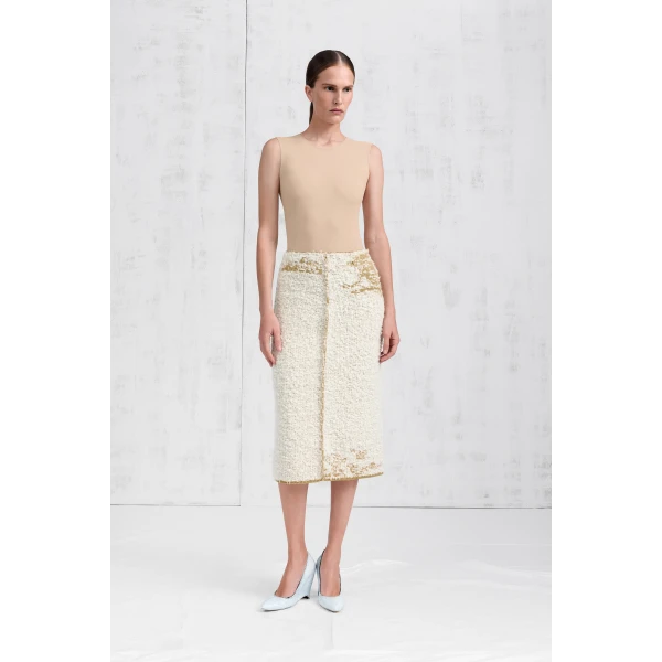 Maison Margiela Boucle Midi Skirt in White | Midi Skirts | Luxury Shoes 