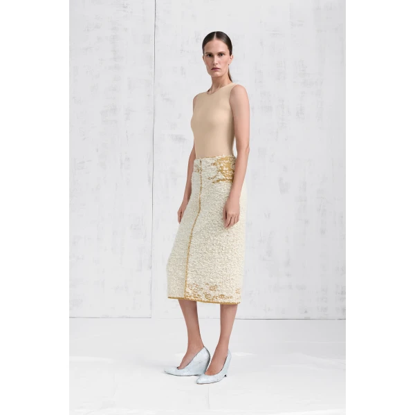 Maison Margiela Boucle Midi Skirt in White | Midi Skirts | Luxury Shoes 