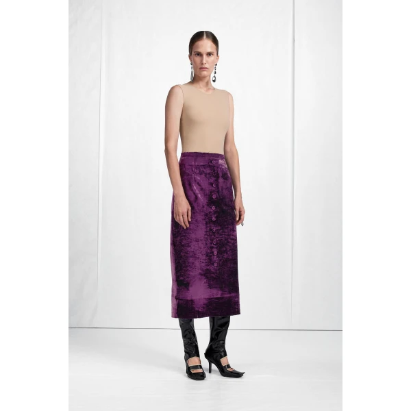 Maison Margiela Button-Front Velvet Midi Skirt in Purple | Midi Skirts | Luxury Shoes 