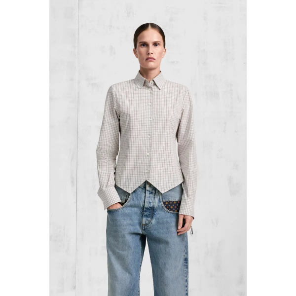 Maison Margiela Check Cotton Swallowtail Shirt in Light Grey | Shirts | Luxury Shoes 