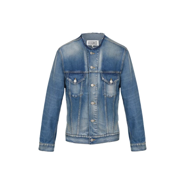 Collarless Denim Jacket in Blue
