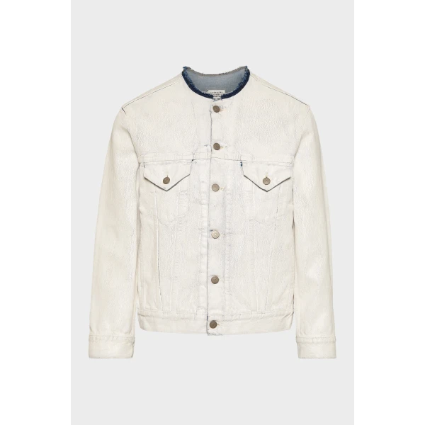Maison Margiela Collarless Denim Jacket in White | Denim | Luxury Shoes 