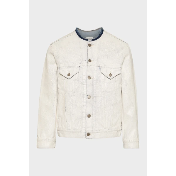 Maison Margiela Collarless Denim Jacket in White | Denim | Luxury Shoes 