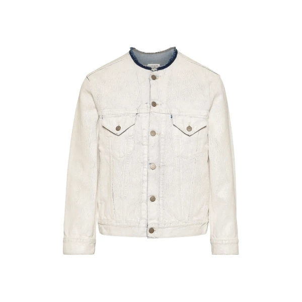 Collarless Denim Jacket in White