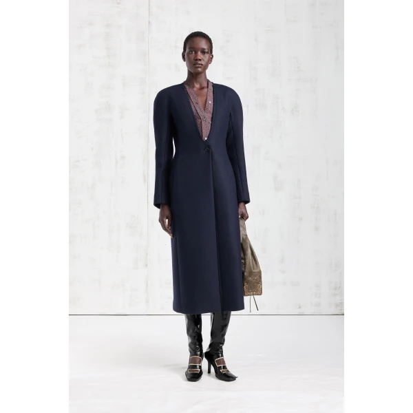 Maison Margiela Collarless Virgin Wool Coat in Navy Blue | Wool Coat | Luxury Shoes 