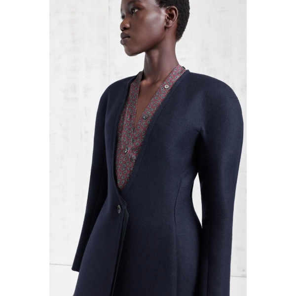 Maison Margiela Collarless Virgin Wool Coat in Navy Blue | Wool Coat | Luxury Shoes 
