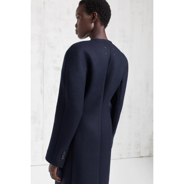 Maison Margiela Collarless Virgin Wool Coat in Navy Blue | Wool Coat | Luxury Shoes 