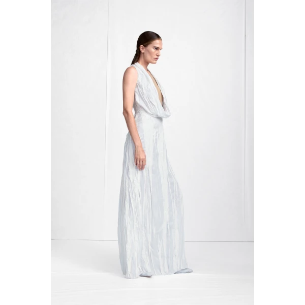 Maison Margiela Cowl-Neck Crinkled Maxi Dress in White | Maxi Dresses | Luxury Shoes 
