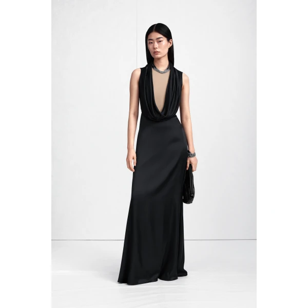 Maison Margiela Cowl-Neck Satin Maxi Dress in Black | Maxi Dresses | Luxury Shoes 