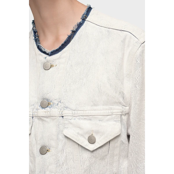 Maison Margiela Cropped Collarless Denim Jacket in White | Denim | Luxury Shoes 