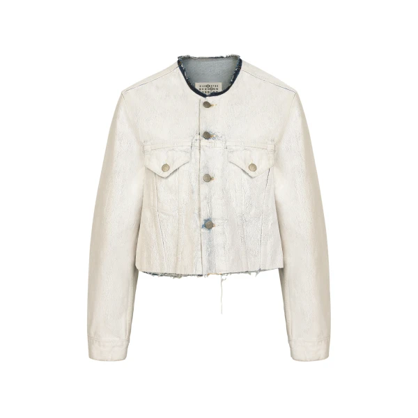 Cropped Collarless Denim Jacket in White