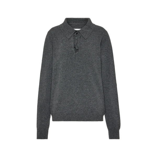 Draped Collar Wool Polo Sweater in Grey