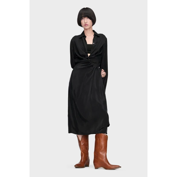 Maison Margiela Draped Shirt Dress in Black | Midi Dresses | Luxury Shoes 