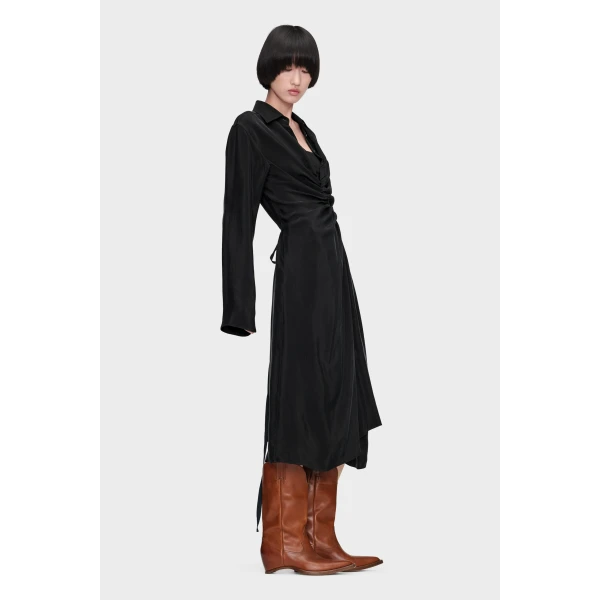Maison Margiela Draped Shirt Dress in Black | Midi Dresses | Luxury Shoes 