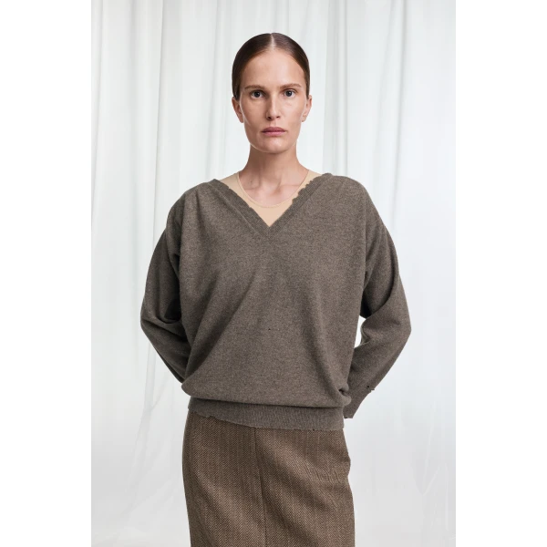 Maison Margiela Draped V-Neck Sweater in Mud Brown | Sweaters | Luxury Shoes 
