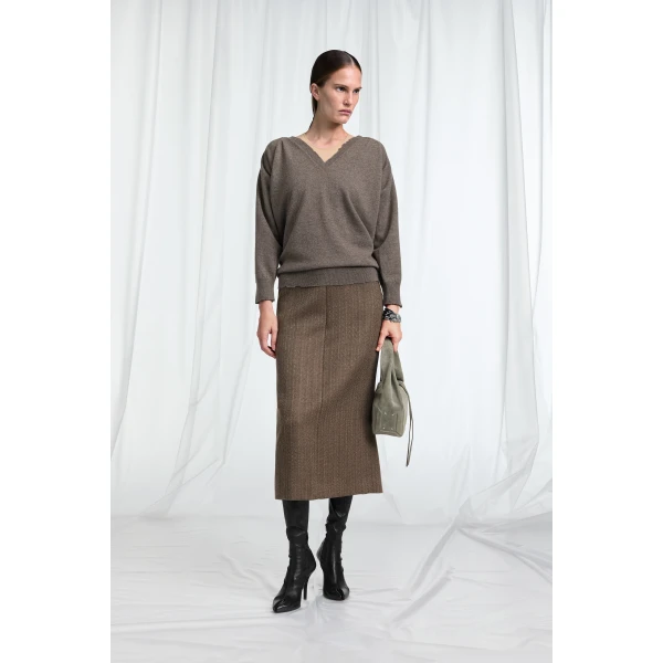 Maison Margiela Draped V-Neck Sweater in Mud Brown | Sweaters | Luxury Shoes 