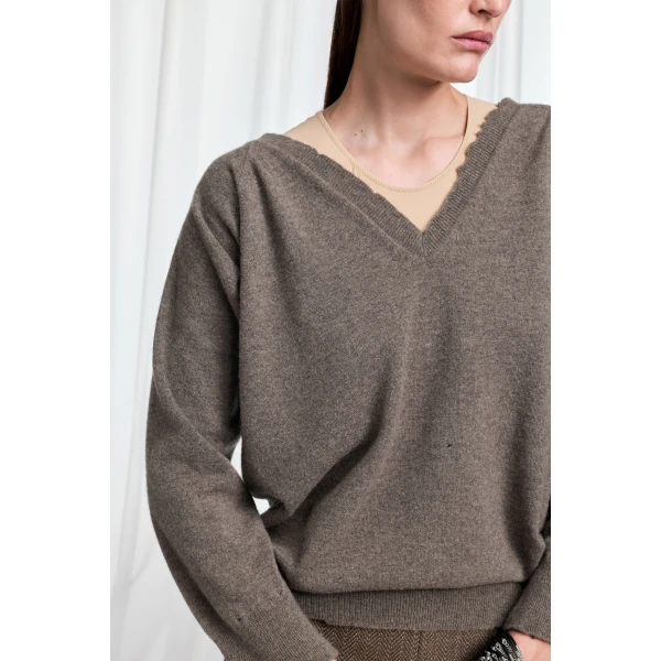 Maison Margiela Draped V-Neck Sweater in Mud Brown | Sweaters | Luxury Shoes 