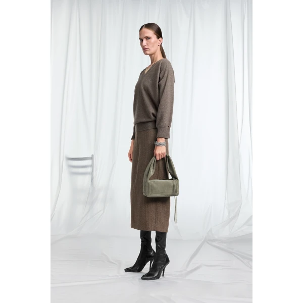 Maison Margiela Draped V-Neck Sweater in Mud Brown | Sweaters | Luxury Shoes 