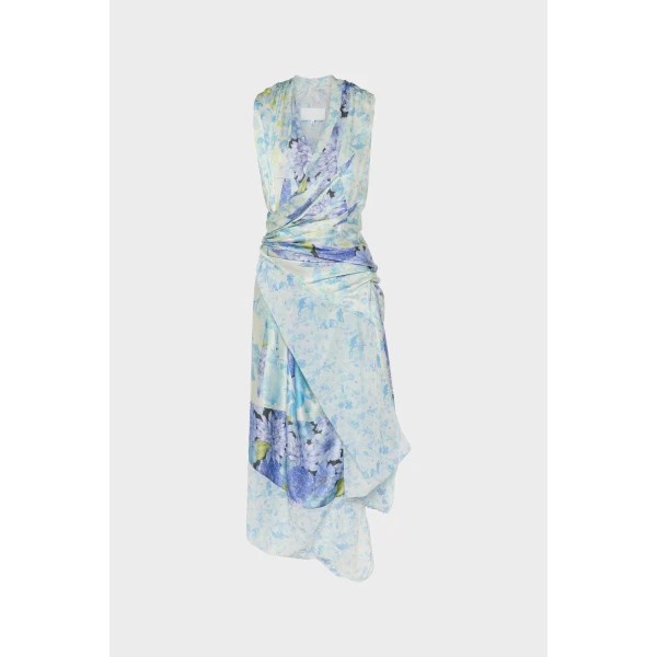 Maison Margiela Floral Drape Wrap Dress in Light Blue | Midi Dresses | Luxury Shoes 