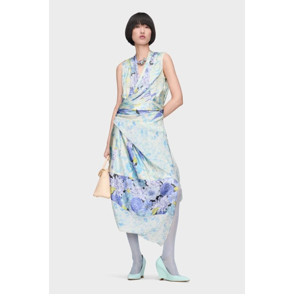 Maison Margiela Floral Drape Wrap Dress in Light Blue | Midi Dresses | Luxury Shoes 