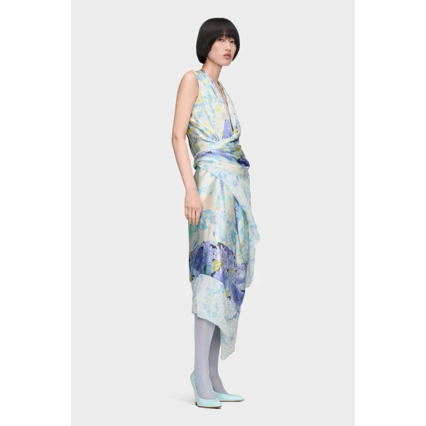 Maison Margiela Floral Drape Wrap Dress in Light Blue | Midi Dresses | Luxury Shoes 