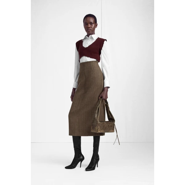 Maison Margiela Herringbone Virgin Wool Midi Skirt in Pink Beige | Midi Skirts | Luxury Shoes 