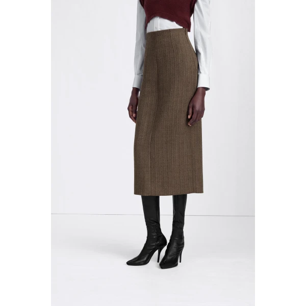 Maison Margiela Herringbone Virgin Wool Midi Skirt in Pink Beige | Midi Skirts | Luxury Shoes 
