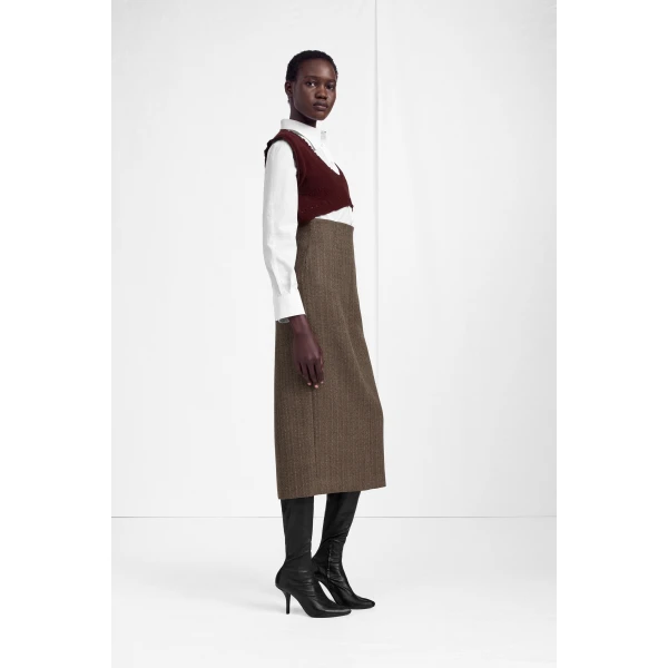 Maison Margiela Herringbone Virgin Wool Midi Skirt in Pink Beige | Midi Skirts | Luxury Shoes 