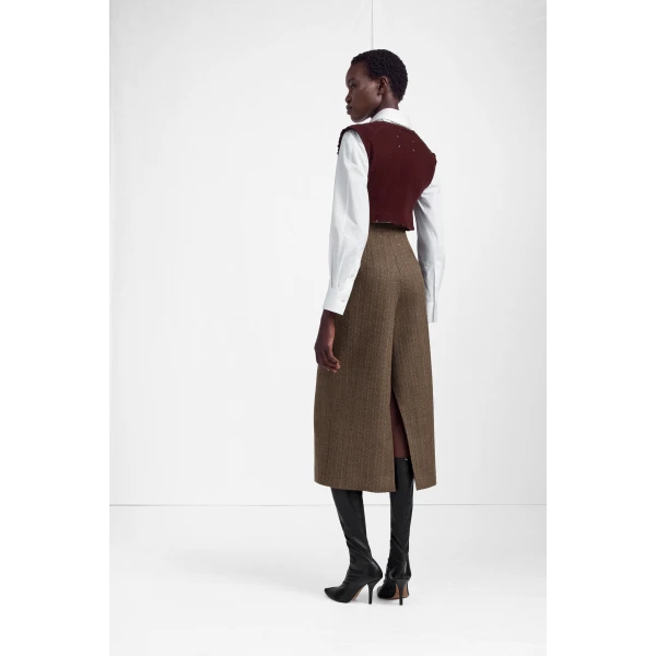 Maison Margiela Herringbone Virgin Wool Midi Skirt in Pink Beige | Midi Skirts | Luxury Shoes 